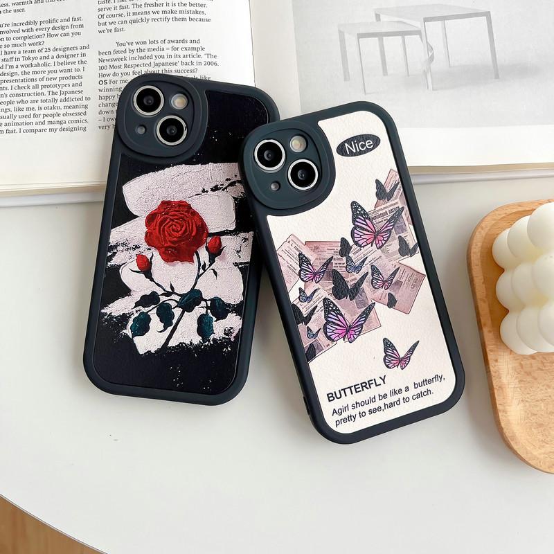 Kožené černé pouzdro silikonové flexibilní měkké pouzdro z TPU módní Rose Butterfly potisk zadní kryt mobilního telefonu pro iPhone Samsung Xiaomi