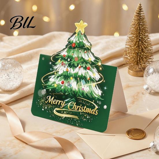 Decorative Christmas Tree Greeting Cards 10 Pcs 3D Cards, Holiday Postcards Festive Gift for Relatives Friends Bulk New Year, Winter Xmas Party