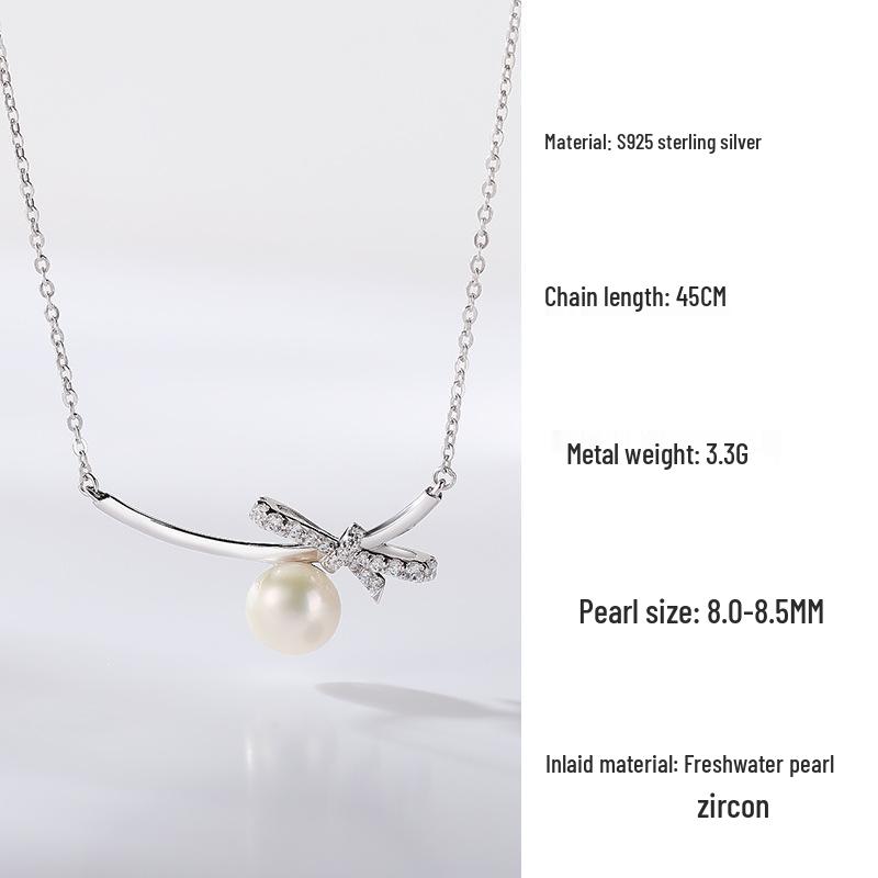 S925 Sterling Silver Bow  Freshwater Pearl Necklace 925 Silver