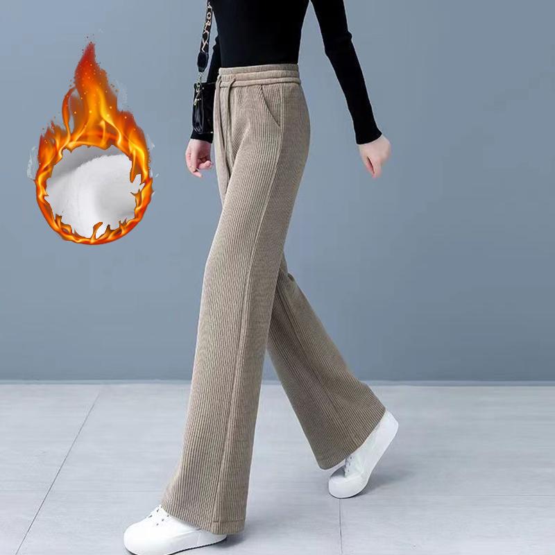 Winter Women Chic High Waisted Pants Lady Korean Style Versatile Solid Trousers Female Thermal Thicken Straight Leg Slacks