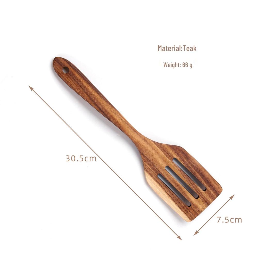 Teak Wood Kitchen Utensil Set: Includes Spatula, Soup Ladle, Stir-Fry Spoon, Slotted Spoon, and Fork for Non-Stick Pans
