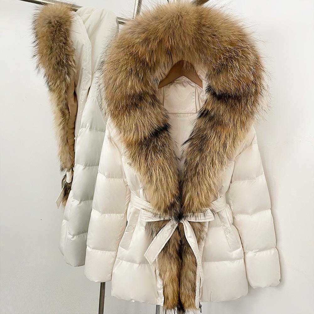 Winter lace-up hooded loose thickened coat women's retro versatile temperament real fox fur collar duck down jacket