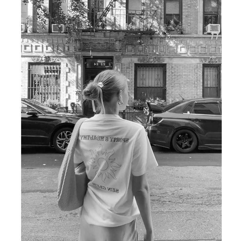 Sun Club Niche Style American Retro Sports Style Front and Rear Letters Print Pure Cotton Short Sleeve T-shirt for Women