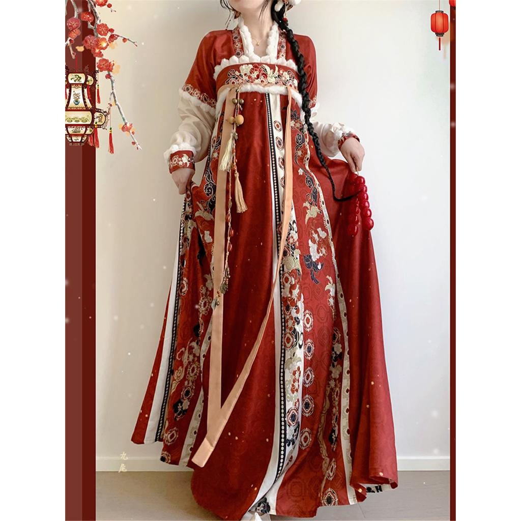 Chinese Tang Dynasty Style Hanfu Gives Women A Chest Length One-piece Skirt  With Velvet Daily Winter Suit