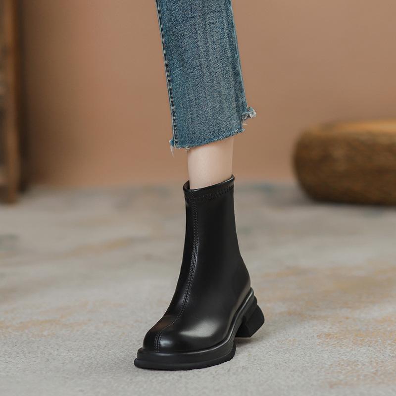 Brown Women's Spring and Autumn Versatile Martin Boots British Elastic Boots Platform Short Boots