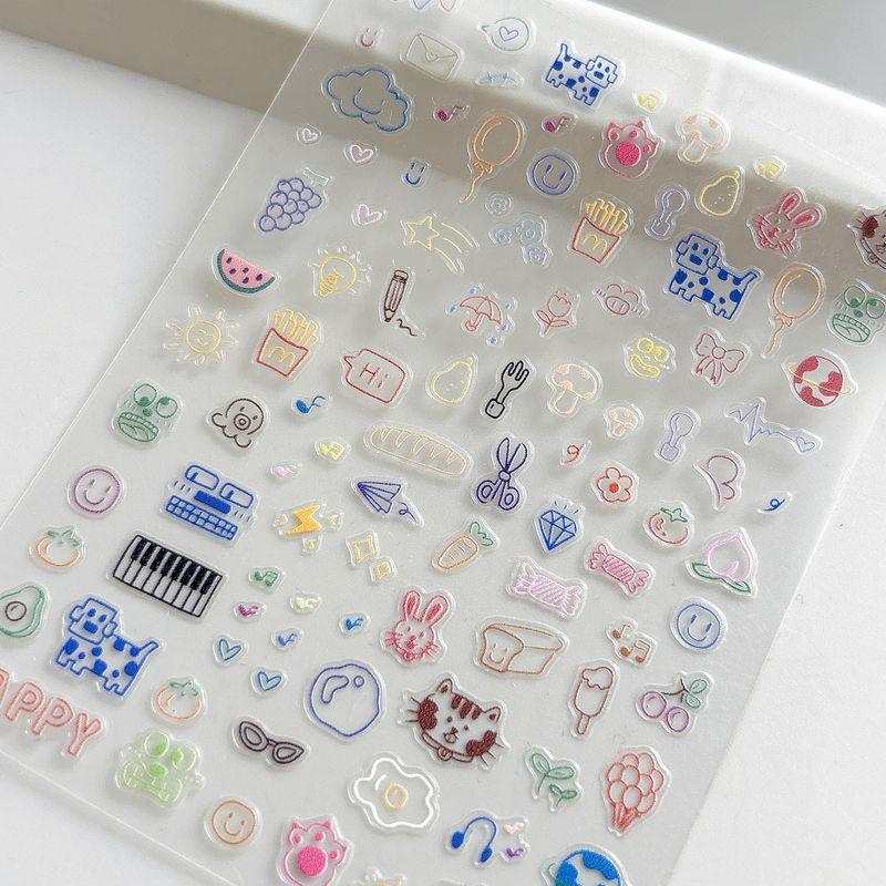 

Dopamine Line Cartoon Nail Sticker Sweet French Fries Kitten Plaid Minimalist Relief Back Glue Nail Decals Line cartoon sticker YT3679 relief 2 sheets