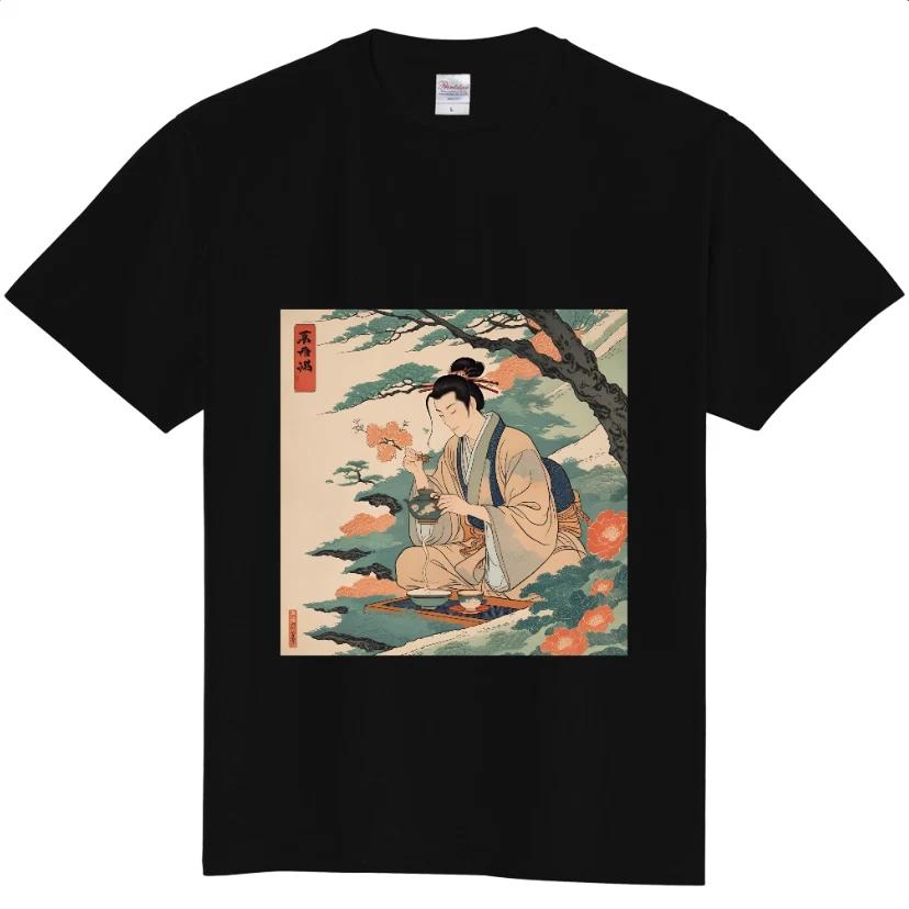 Ukiyo-e Tea Ceremony T-Shirt Japanese Art Kimono Men Black White Japanese Style 3XL