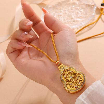 Elegant Chinese Filigree Diamond Gourd Pendant Sweater Chain for Women