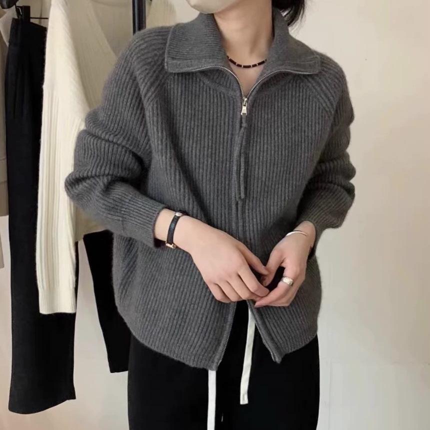 

Korean Style Women s Double Zipper Knit Cardigan with Turn-Down Collar for Autumn/Winter 2025 One Size сірий колір