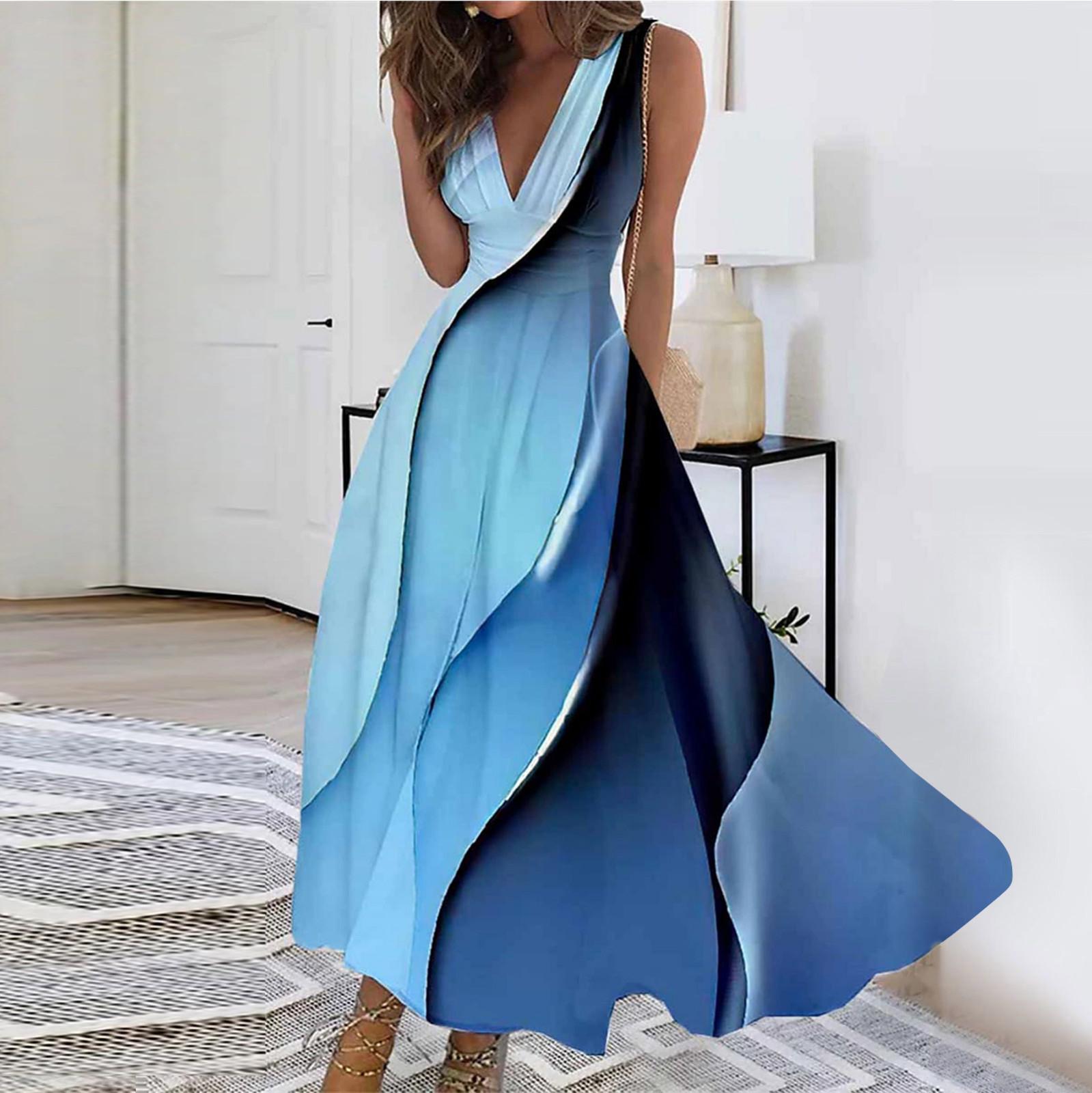 

Женское длинное платье Платье макси Повседневное платье Свободное платье Платье трапециевидной формы с цветочным принтом Мода Уличная одежда На открытом воздухе Повседневные с принтом для свиданий Платье без рукавов с V-образным вырезом M синий