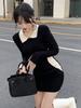 Korean Version of Fashion Contrasting Color Splicing Lapel Knitted Long-sleeved Dress Women's Autumn New Slim-fit Bottoming Hip-wrapped Short Skirt