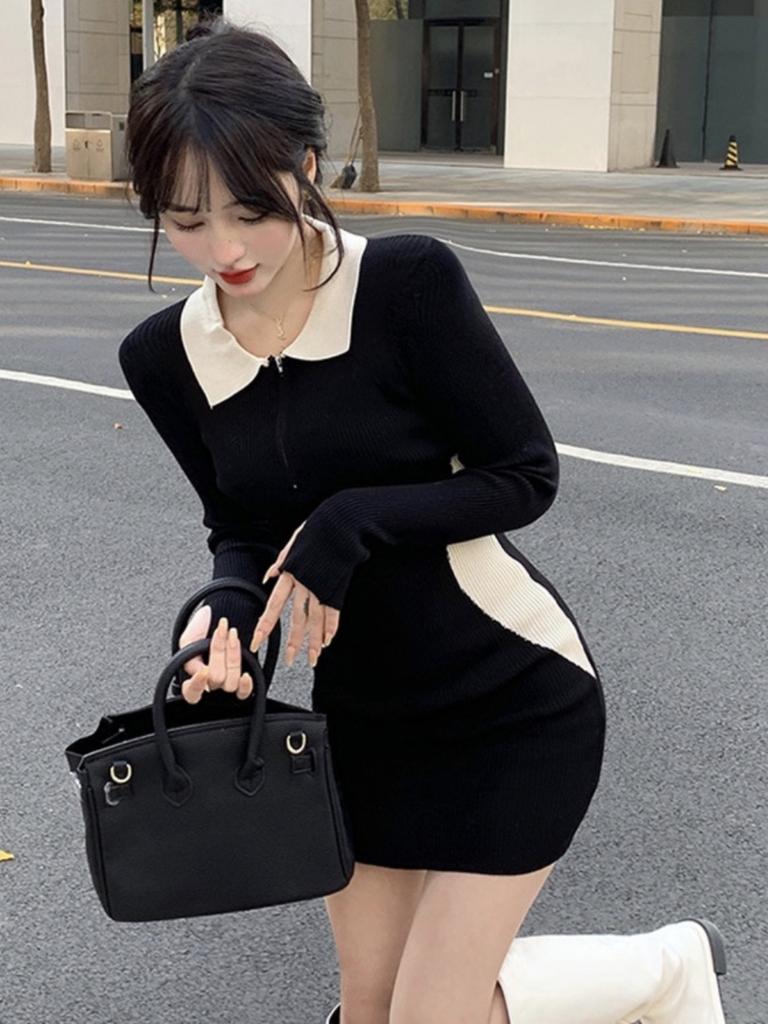 Korean Version of Fashion Contrasting Color Splicing Lapel Knitted Long-sleeved Dress Women's Autumn New Slim-fit Bottoming Hip-wrapped Short Skirt