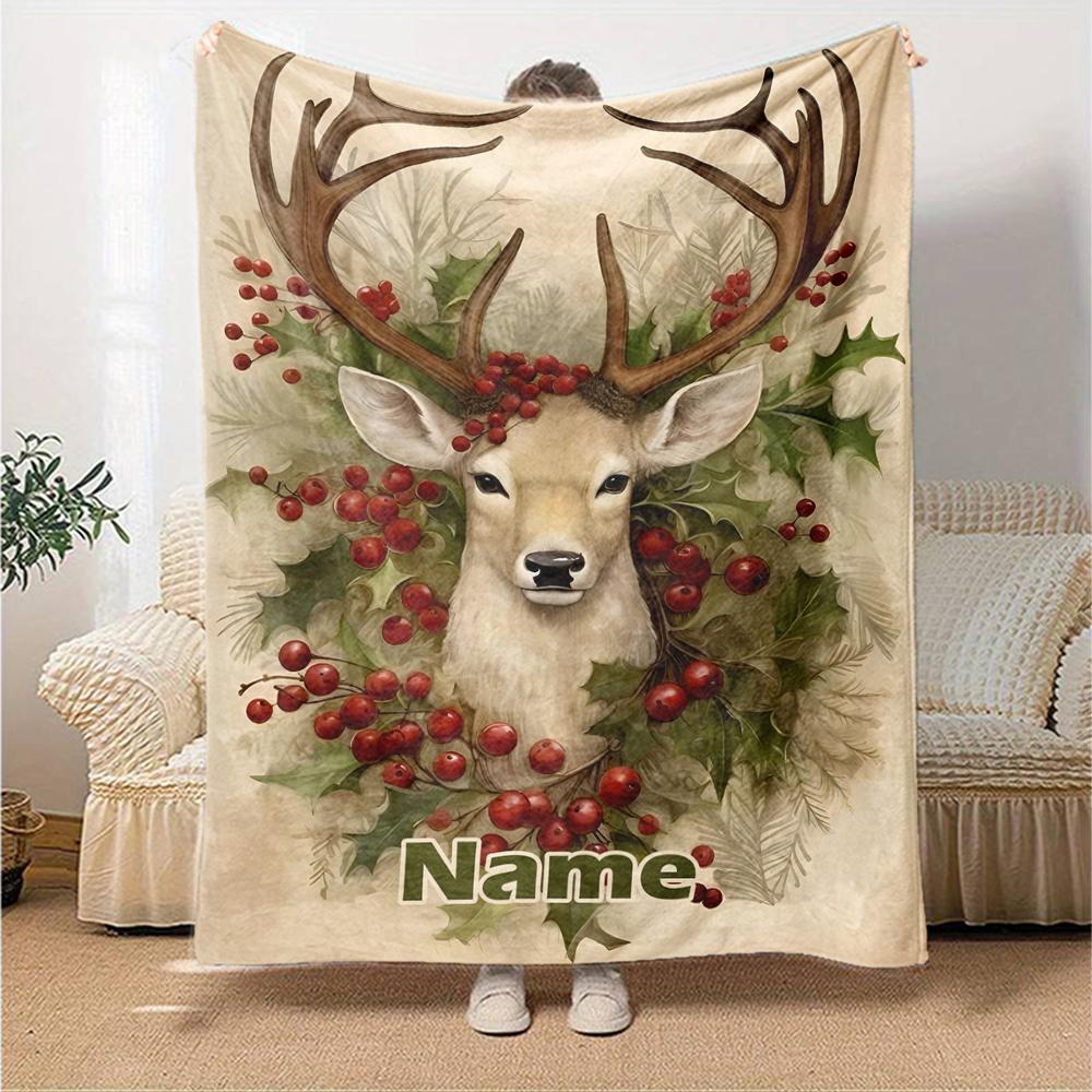 Custom Name Christmas reindeer Theme Printed Blanket - Perfect for Couch, Bed, Travel & Outdoor Use | Machine Washable, Cozy & Durable.