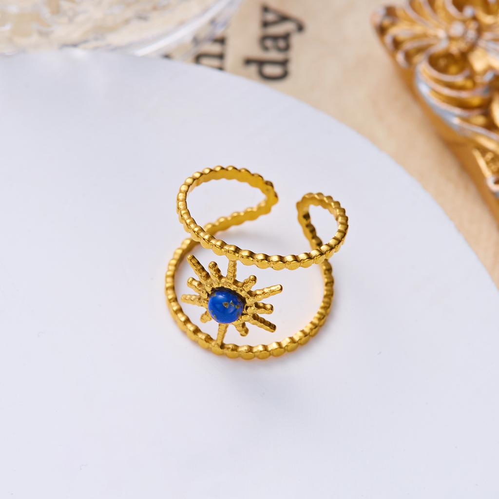 Stainless Steel French Vintage Gemstone Ring For Women Gold Plated Sun Stackable Open Finger Ring Party Hand Personality Jewelry
