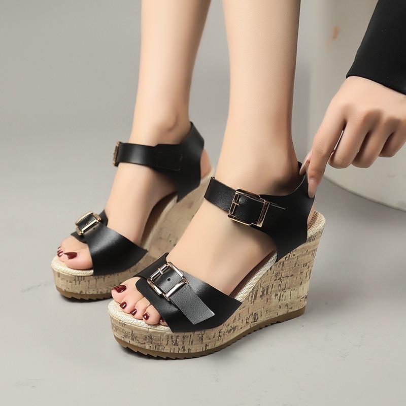 Summer new muffin thick-soled wedge heel women's shoes large size women's one-word buckle fish mouth cool women's shoes