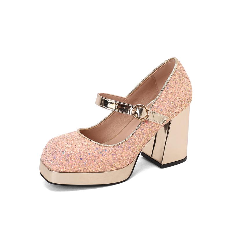 

ANNYMOLI Women Mary Janes Pumps Square Toe Thick High Heels Buckle Glitter Platform Ladies Fashion Shoes Spring Autumn Pink 45 39 рожевий