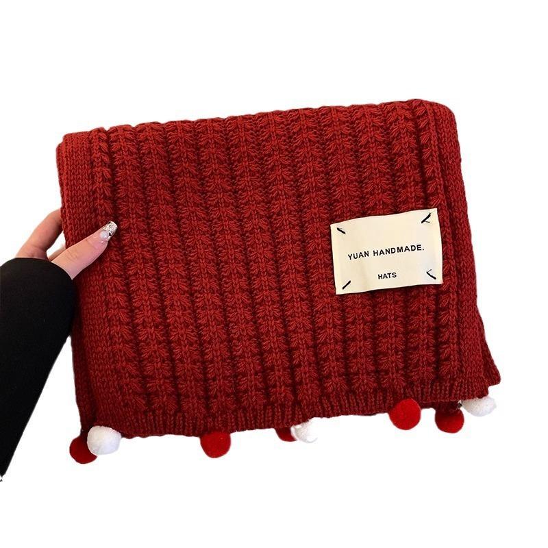 Women's autumn and winter versatile ball warm wool scarf New Christmas red knitted scarf for girls