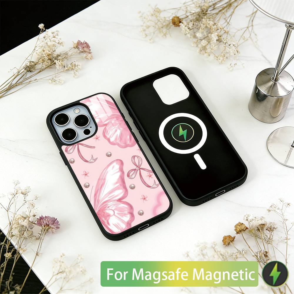 Pink Butterfly Pattern Phone Case For iPhone17,16,15,14,13,12,11 Plus,Pro Magnetic For Magsafe Wireless Charging