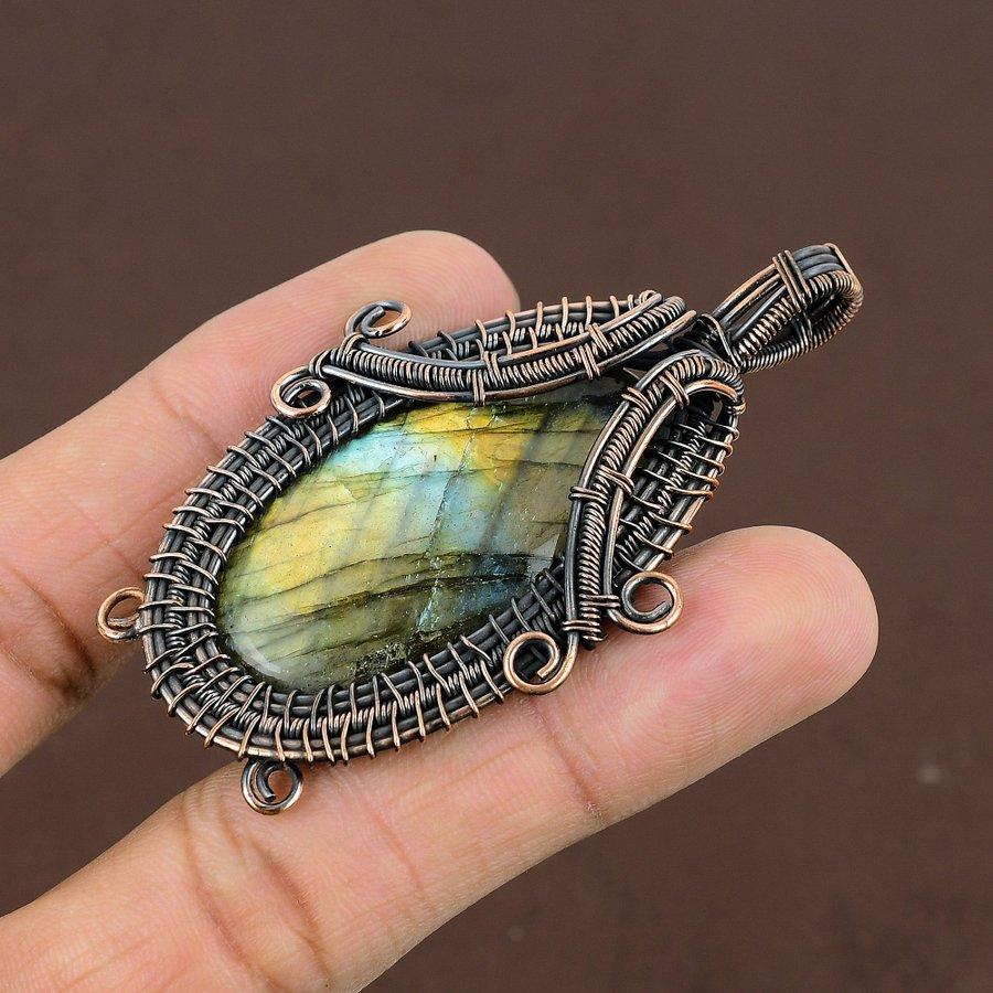 Natural Labradorite Gemstone Handmade Copper Wire Wrap Pendant 2.80" L9a36