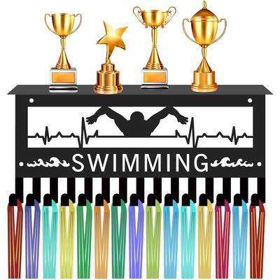 Swimming Medal Hanger Display with Shelf, Trophy Medal Holder Rack Iron Wall Mount Decor Metal Organizer for Hanging Medals Swimmer 11.8 X 5.1 Inch