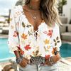 Women's Casual V-Neck Printed Blouse with Three-Quarter Sleeves and Tie Ruffle