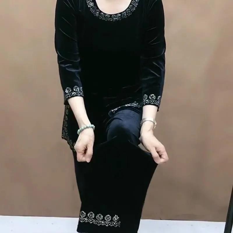 Women's Design Plus Size Chinese-Style Split-Front Set Mom-Fit Relaxed Round-Neck Top + Pants Two-Piece Set