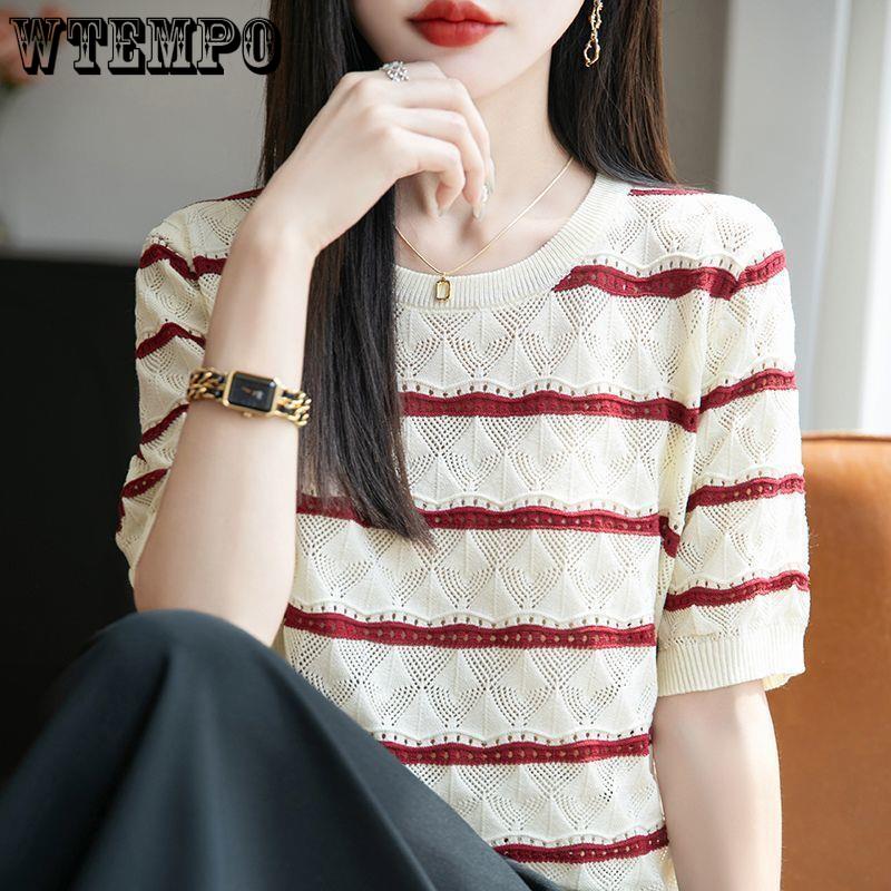 Summer Women's Knitted Short Sleeve T-shirt Round Neck Hollow T-shirt Loose Knitted Shirt Top