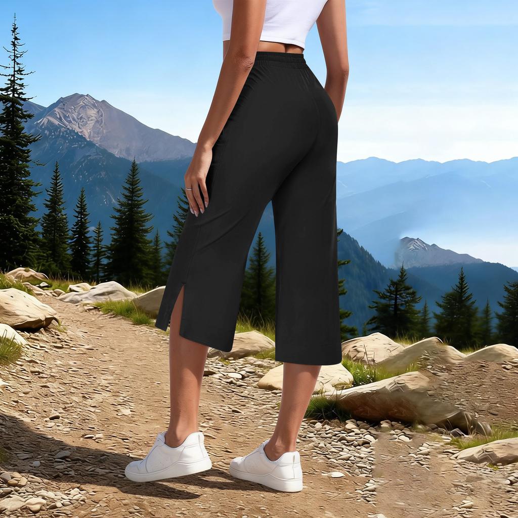 Women Drawstring Elastic Waist Capris Pants with Side Pockets Loose Fit Lightweight Cropped Trousers for Daily Wear