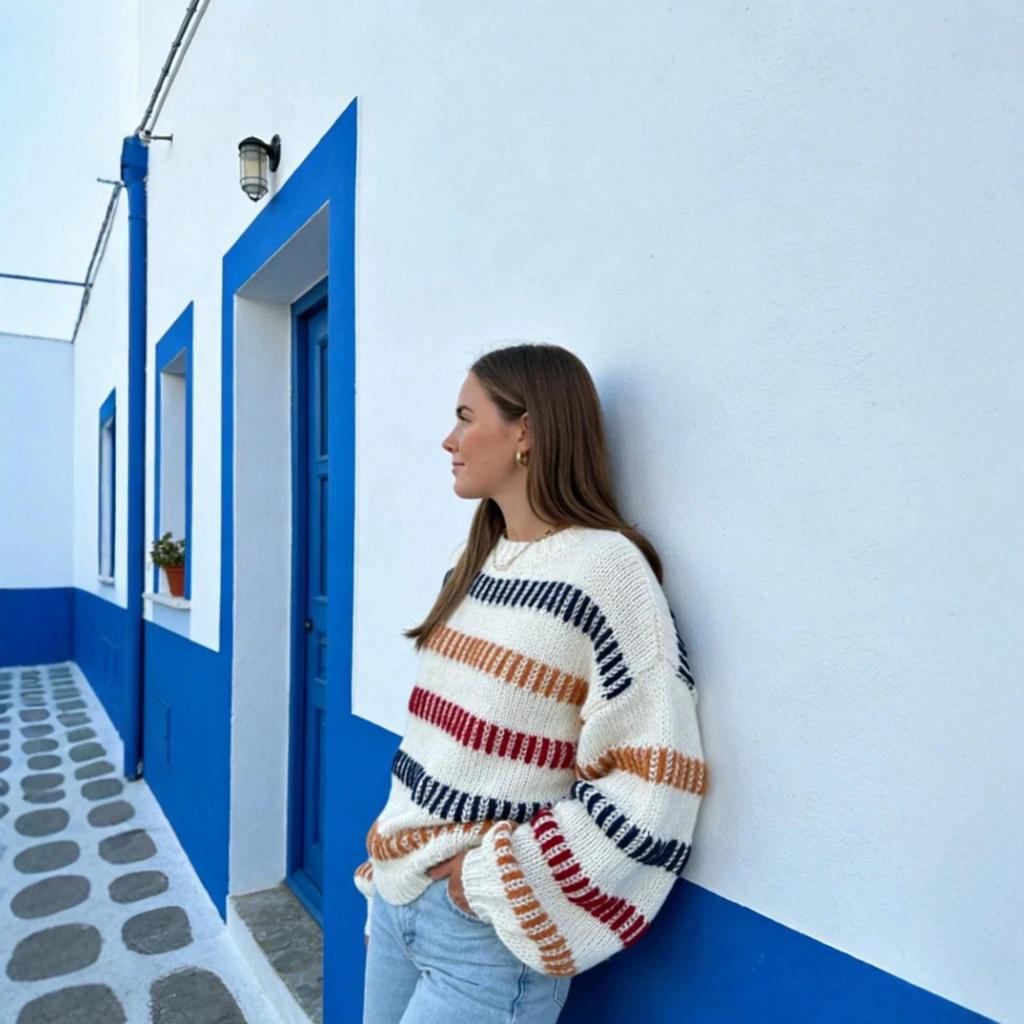 Women's Striped Round Neck Color Block Loose Knit Sweater - Spring/Autumn