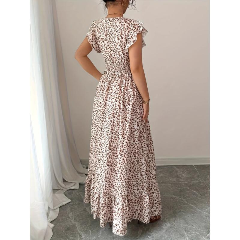 Ladies Floral Print Miniature Sleeve Waist-Cinching Maxi Hem Vacation Dress Elegant Sexy Commute Appropriate