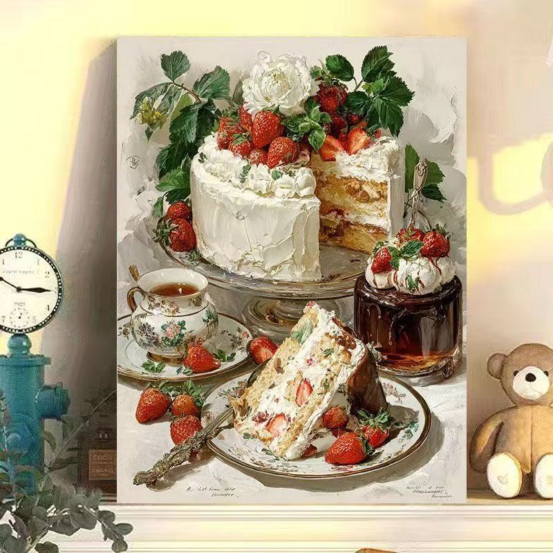 Diy Digital Oil Painting Retro Style Strawberry Cake Series Hand-Filled Coloring Oil Painting Decompression Healing Decoration