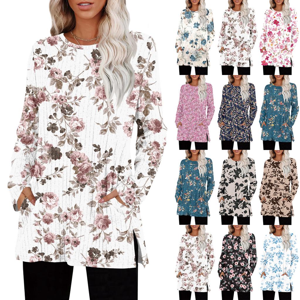 Damegensere Rund hals Langermet Skjorter Med Lommer Høstantrekk Mote Vinterklær Sideslisse