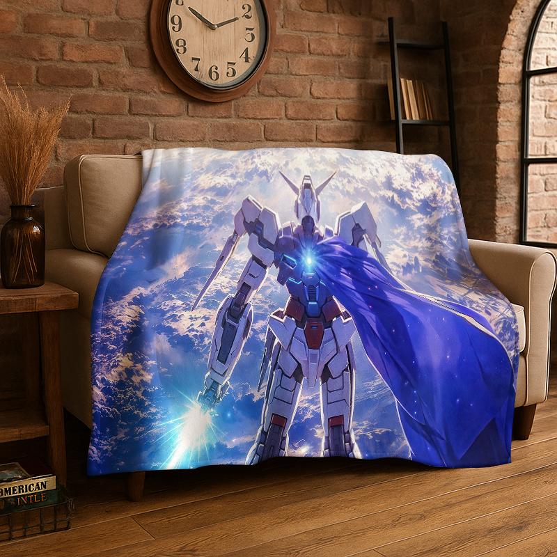 Classic Gundam Cartoon Robot Flannel Blanket Soft Warm Throw Blanket for Bedroom Living Room Bed Travel Camping Picnic Kids