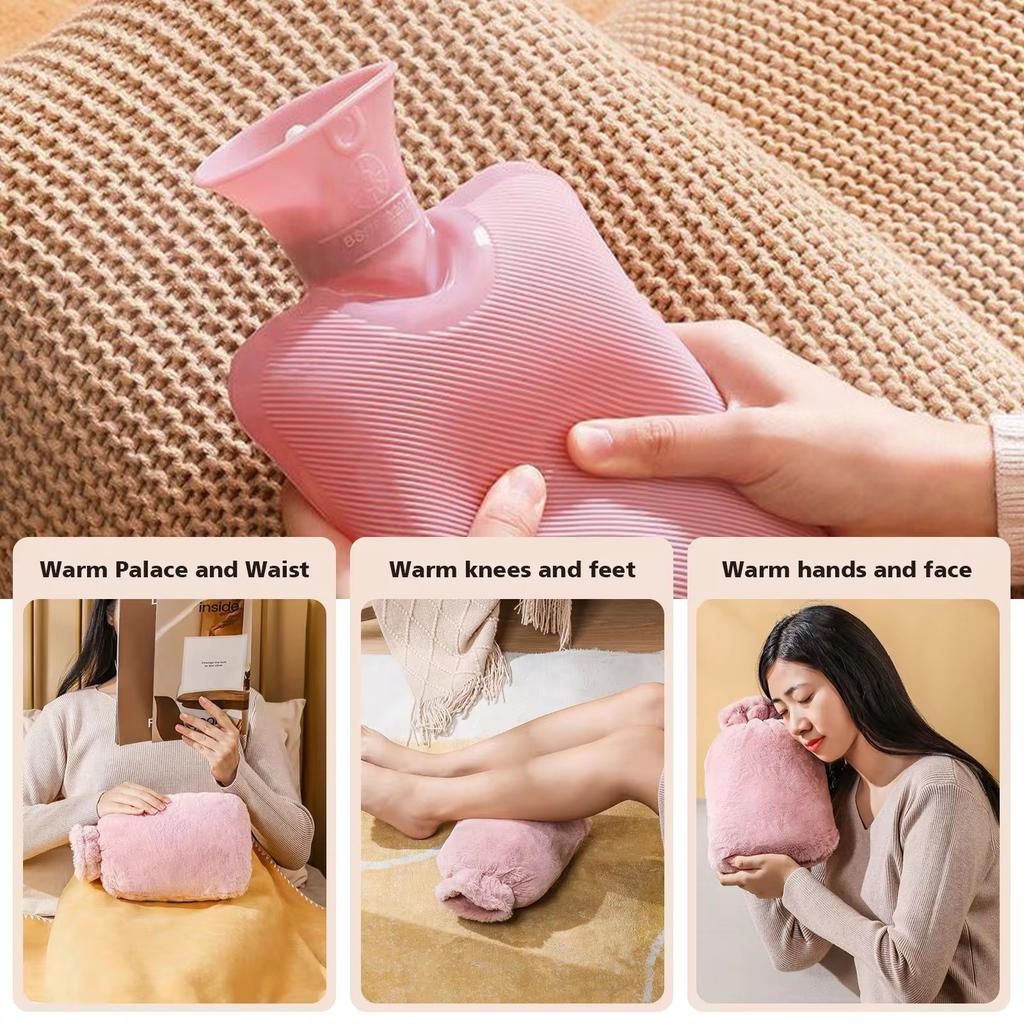 1000ML Refillable Hot Water Bag with Removeable Faux Fur Cover Winter Hand Feet Warmer Water Bottle