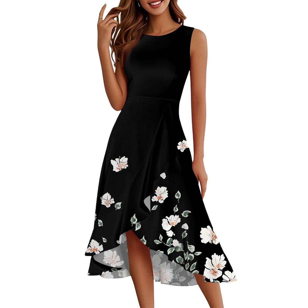 Damenmode Lässig Reißverschluss Ärmellos Rundhals Bedruckt Elegant Temperament Rüschenkleid Kleider