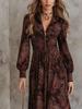 European American Retro Print V-Neck Zipper Long Sleeve Waist-Cinching Dress