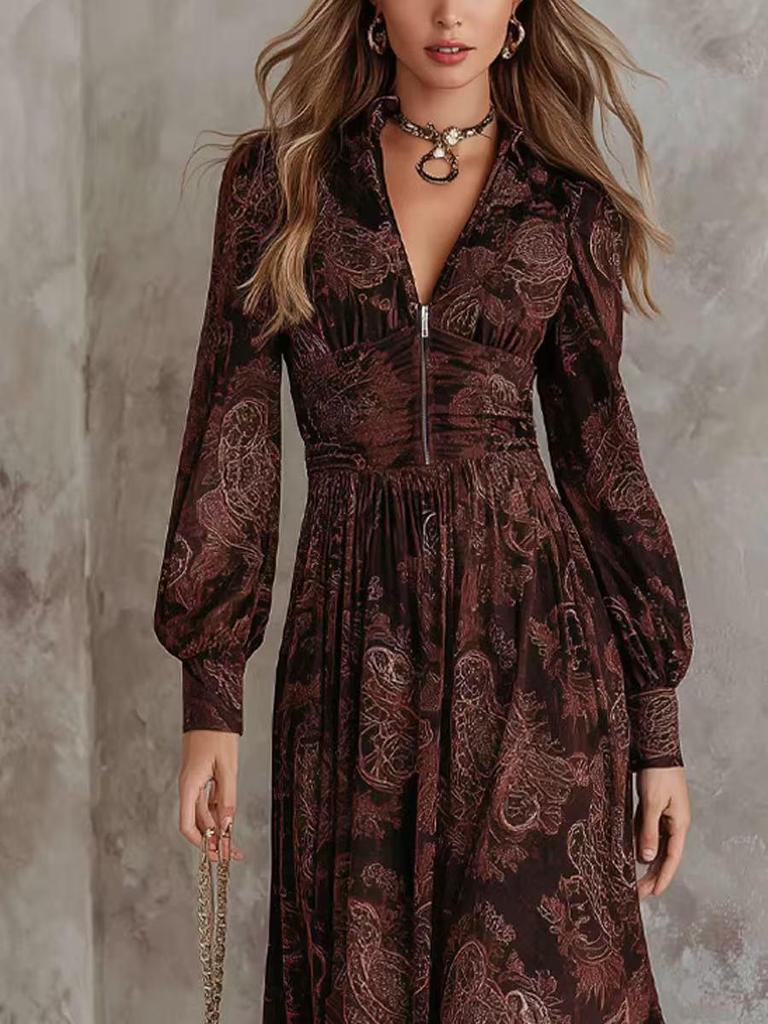European American Retro Print V-Neck Zipper Long Sleeve Waist-Cinching Dress