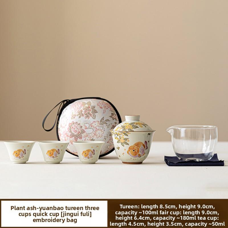 Grass and Ash Travel Tea Set Ceramic Outdoor Portable Quick Customer Cup Golden Guifu Carp Portable Tea Bowl