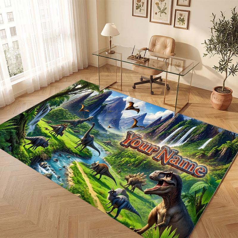Dinosaur Theme Soft Crystal Velvet Rug Custom Name & Text Print Non Slip Floor Rug for Bedroom Living Room
