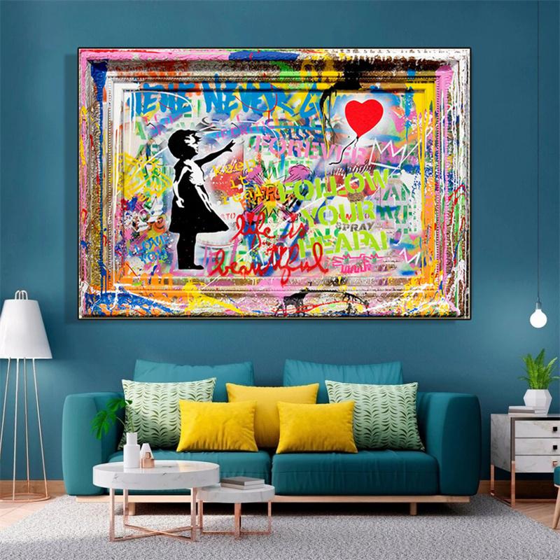 Banksy-pinturas en lienzo de globo con chica, arte callejero de Graffiti, nunca te rindas, arte de pared, carteles abstractos, imágenes, decoración del hogar
