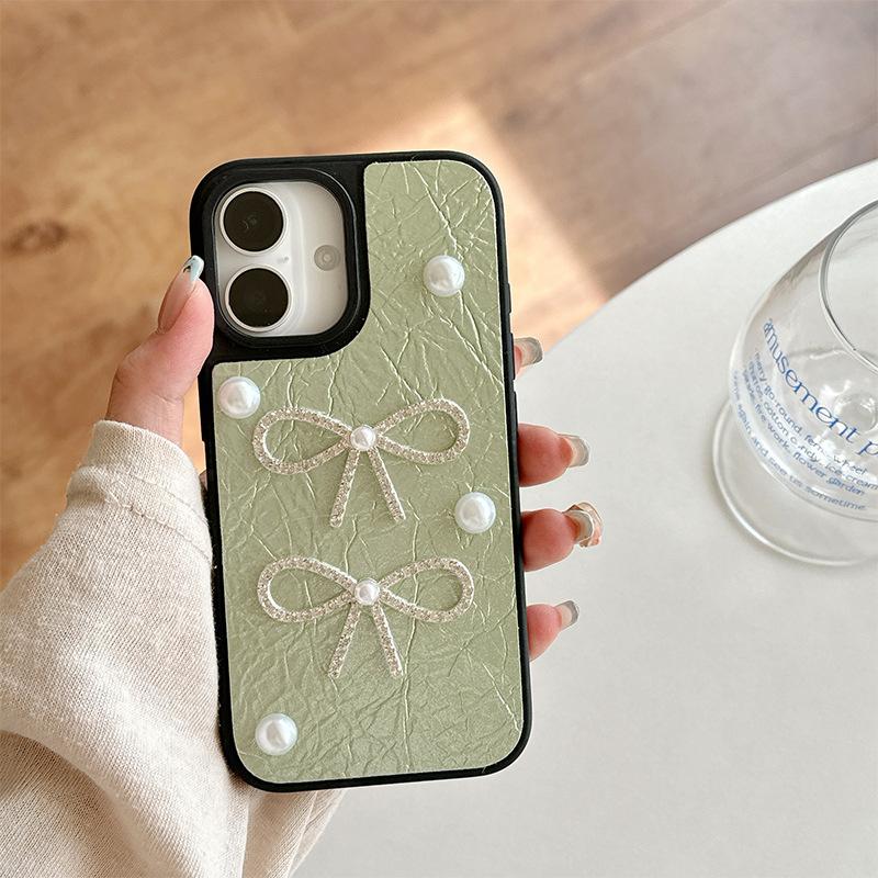 Pearl Bow Phone Case for Apple 17promax Leather Texture High Quality for IPhone16pro Protective Case