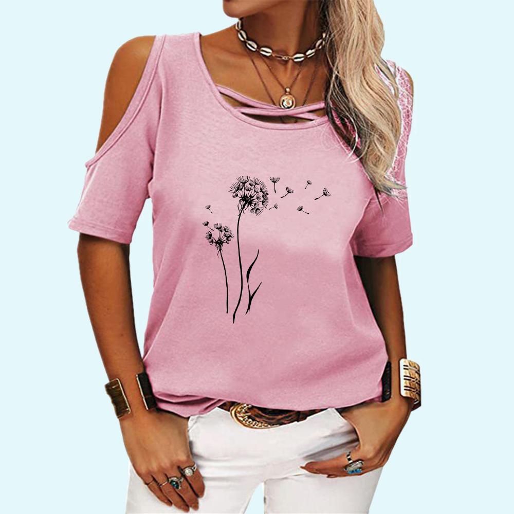 Women Casual Floral Print T-shirt Fashion Off Shoulder Top Ladies O Neck Short Sleeve Tee Shirt