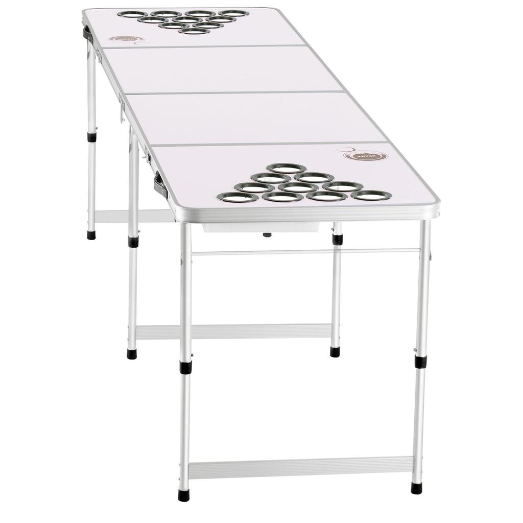 2.4 m Portable Beer Pong Table, Folding Tailgate Table, Cup Holes, Dry Erase Markers and Carrying Handles, Adjustable Height, Lightweight Table for