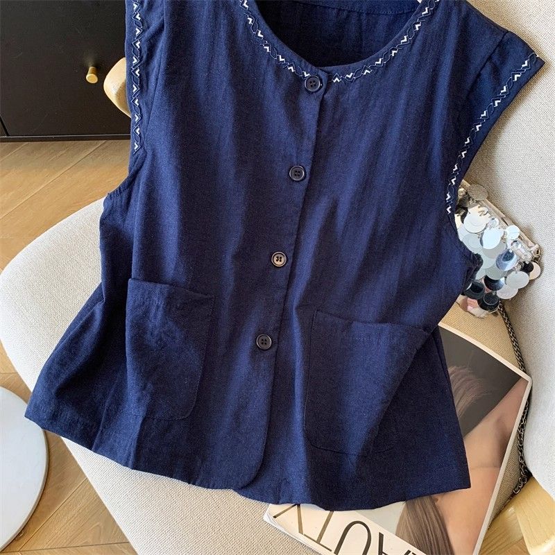 Korean Style Sleeveless Cotton Linen Vest Women Embroidered Summer Top