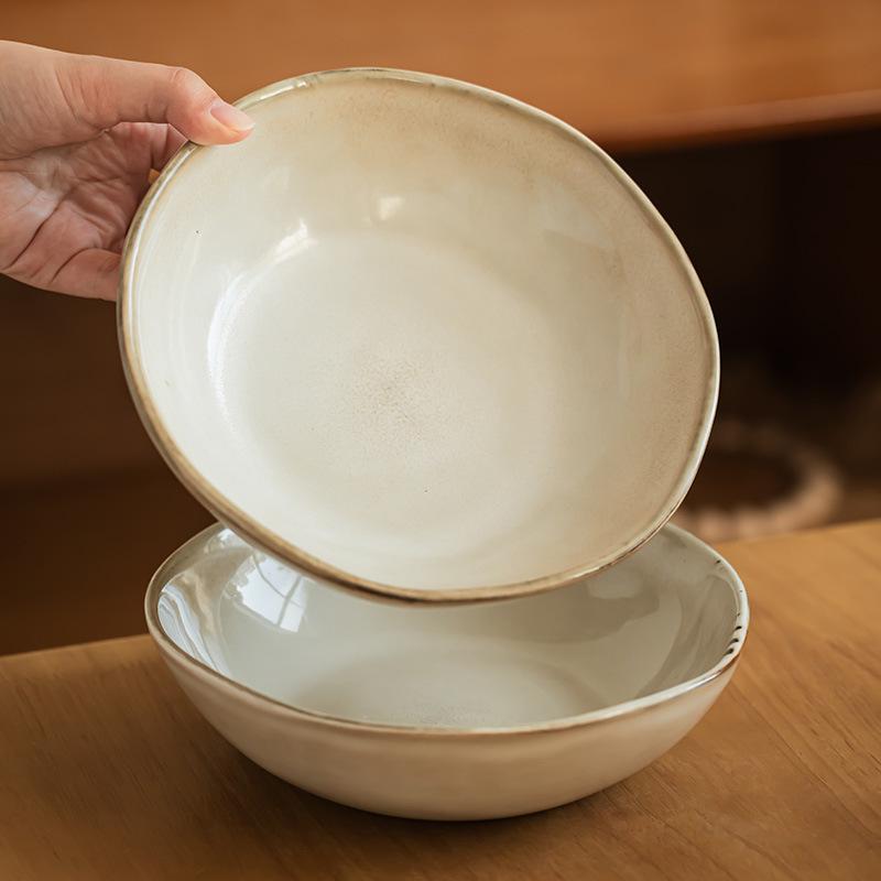 Japanese Retro Ceramic Open Bowl – Glossy Vegetable, Salad & Soup Bowl, Simple Large Tableware