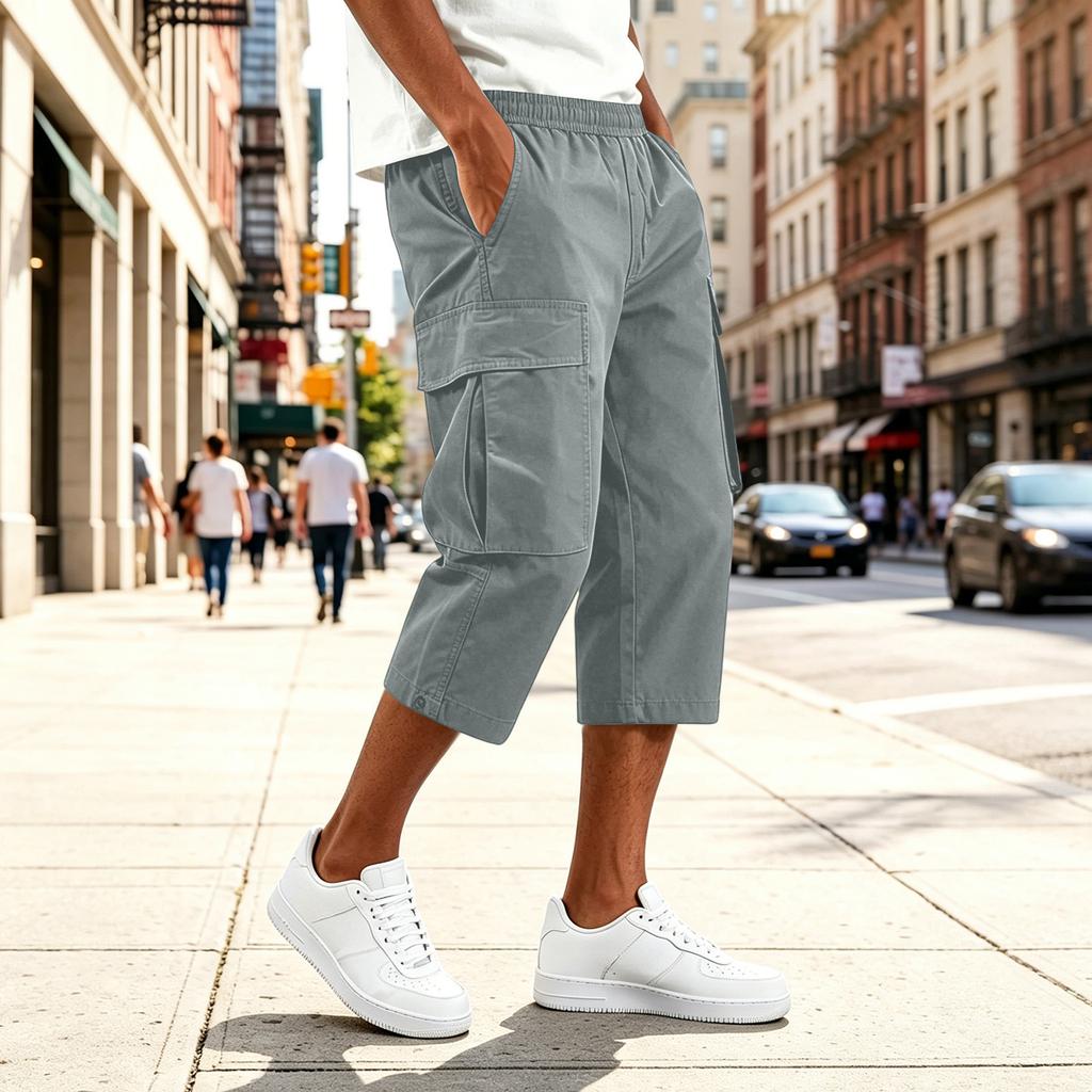 Men Drawstring Waist Multi Pocket Casual Capri Pants Loose Fit Knee Length Cargo Trousers for Outdoor Daily Wear