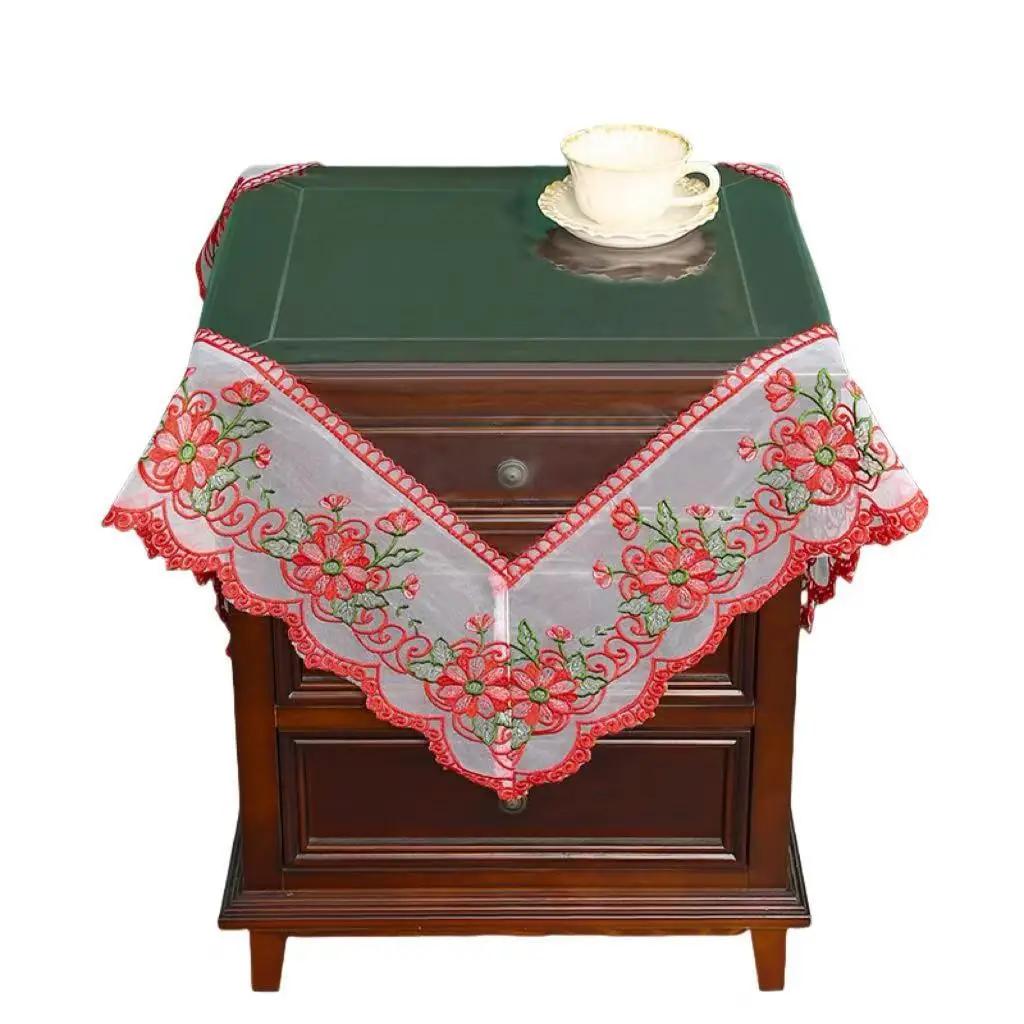 Waterproof Table Cloth PVC Transparent Soft Dining TableCloth Lace Embroidered Oil-proof Table Cover Coffee Table Crystal Plate