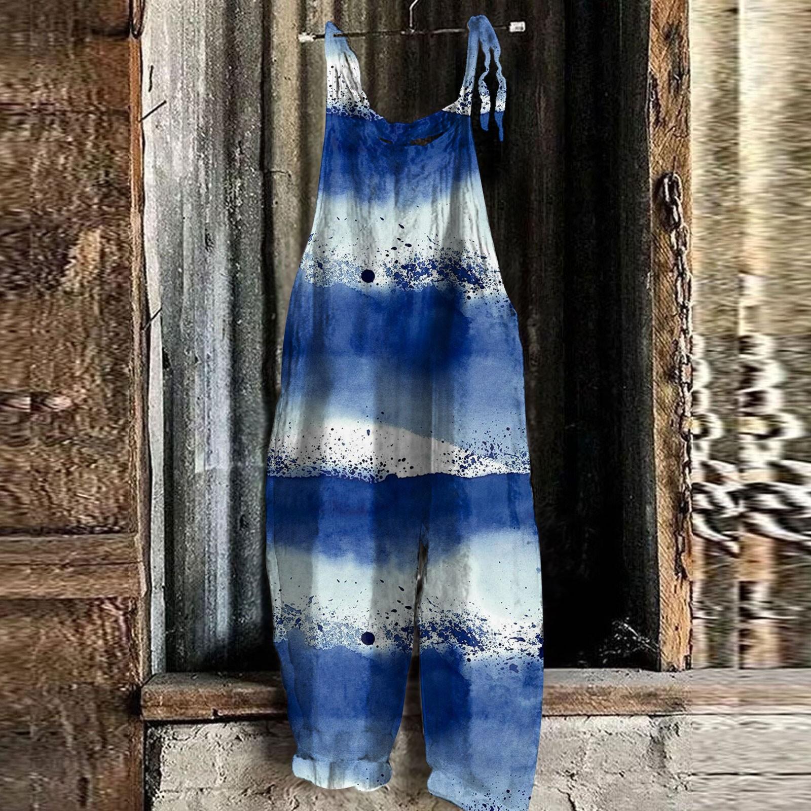 

Женский комбинезон с градиентным принтом тай-дай, летний повседневный свободный комбинезон в стиле ретро S синий