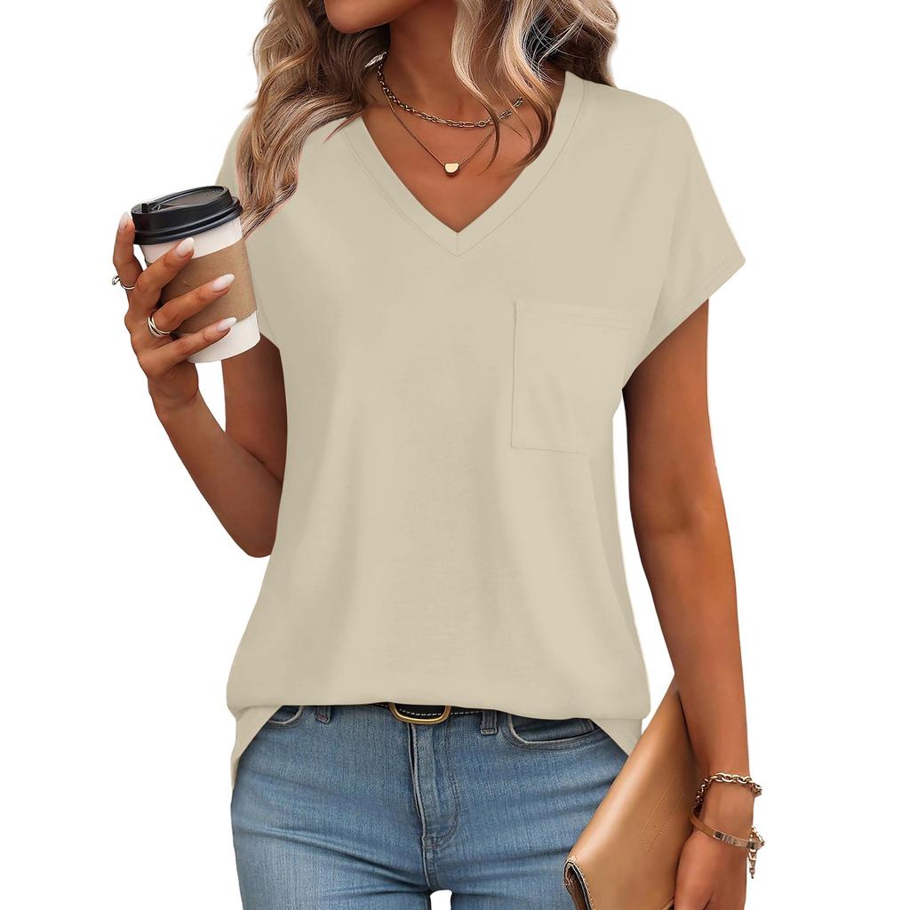 Women's Fashion Casual Slim Fit Waist Cap Sleeve V Neck T-Shirt Top