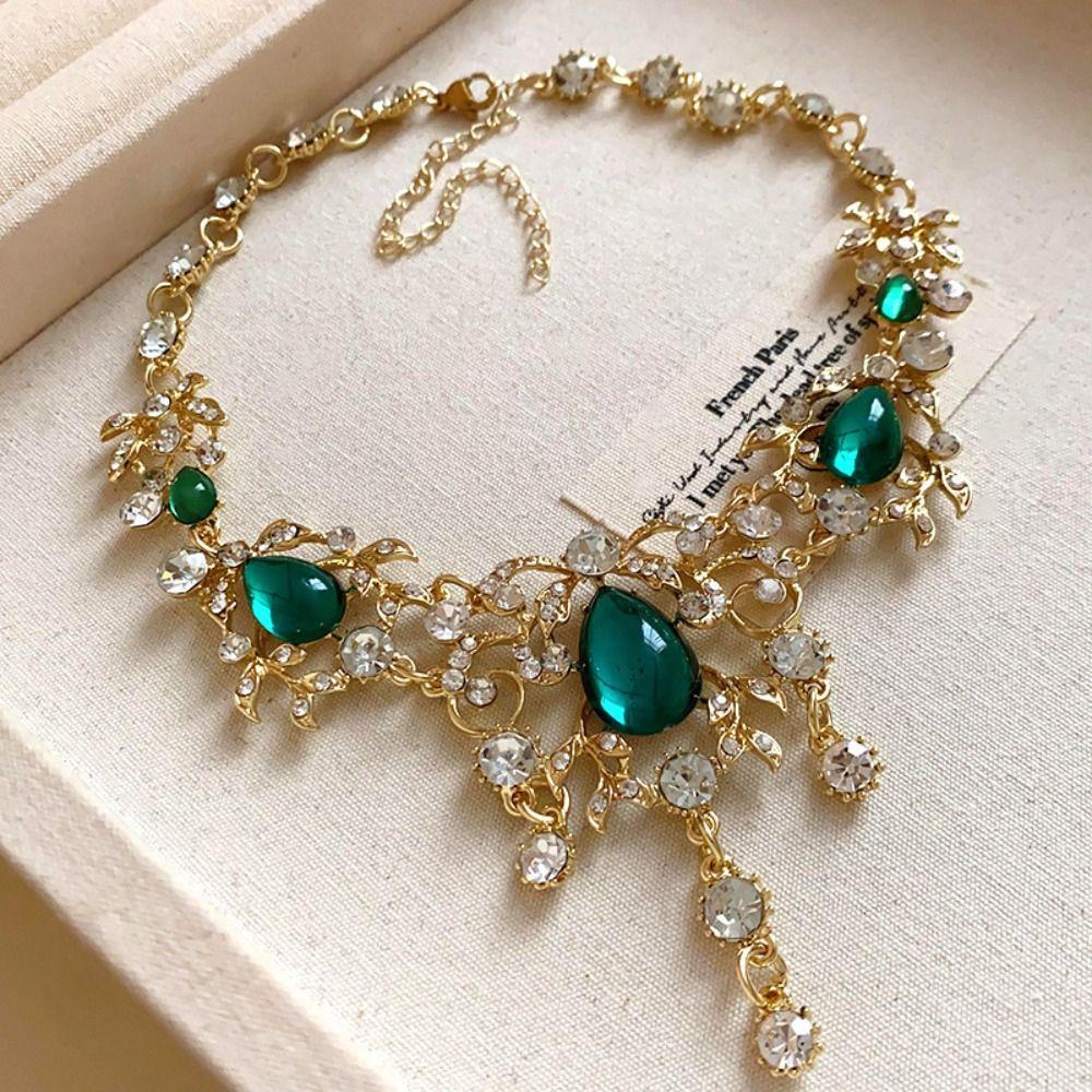 Multifunction Green Crystal Jewelry Set Headchain Sparkling Necklace  Women